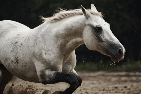 Beautiful white arabian stallion running on sand in summerの写真素材