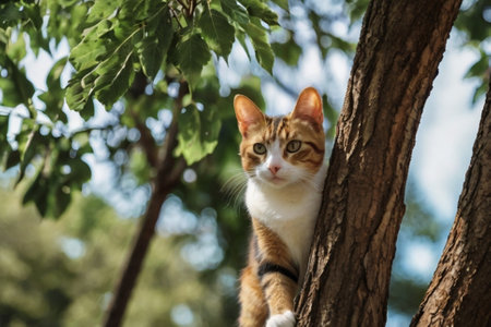 Cute cat on tree in the garden. Selective focus.の写真素材