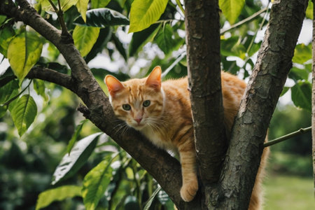 Cute ginger cat sitting on a tree branch in the garden.