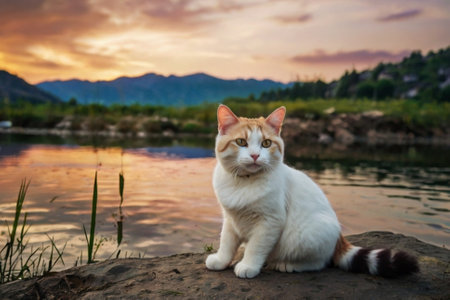 Beautiful white cat sitting on the stone near the river at sunsetの写真素材