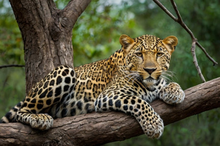 Leopard lying on a tree in the Kruger National Park, South Africa.の写真素材