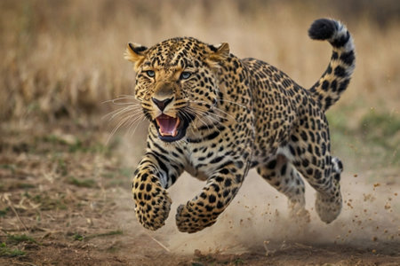Leopard running in the grass, Kruger National Park, South Africaの写真素材