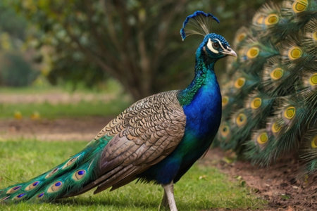 Peacock with peacock tail in a park on a sunny day