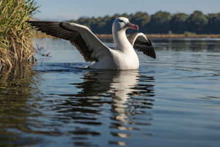 Black-browed albatross, Phalacrocorax melanophrys, single bird in water, South Africaの写真素材