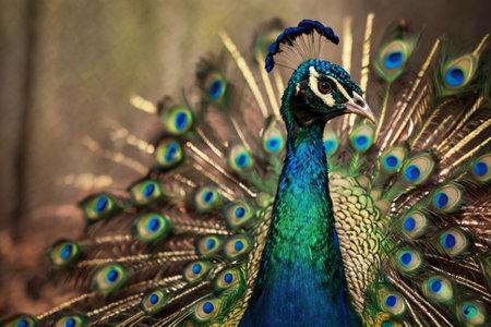 Peacock with feathers out in the wild, close-upの写真素材