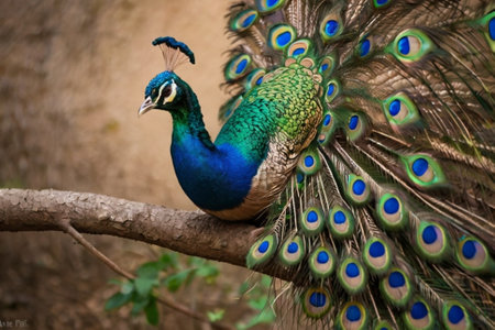 Beautiful peacock on a tree branch. Close-up.の写真素材