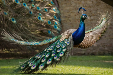 Peacock with feathers spread out in a park in South Africaの写真素材