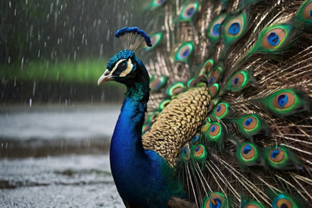 Beautiful peacock in the rain. Wildlife scene from nature.の写真素材