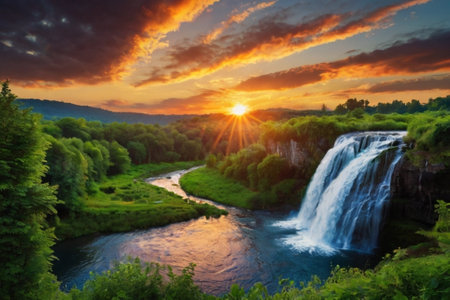 Beautiful sunset over the river and the waterfall. Landscape.の写真素材