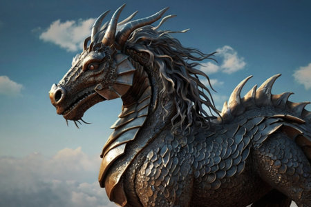 Dragon statue with blue sky and white clouds. 3D illustration.の写真素材
