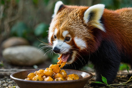 Red panda eating food from a bowl. The red panda (Ailurus fulgens)の写真素材