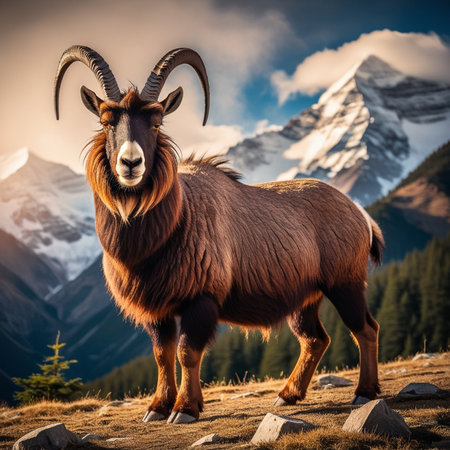 Mountain goat on the background of snow-capped peaks.の写真素材