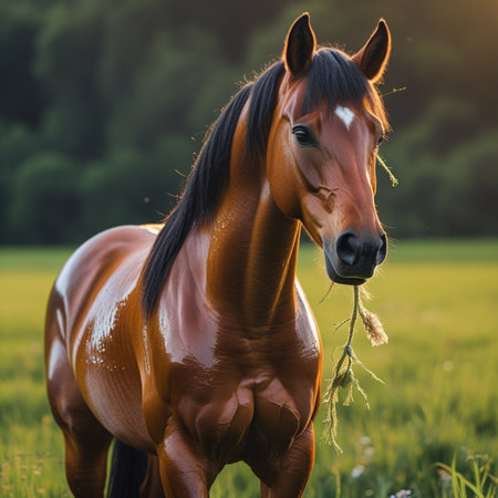 Portrait of a bay horse on a green meadow at sunsetの写真素材