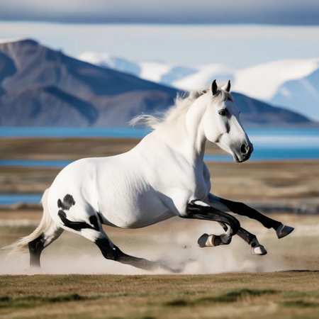 White Andalusian stallion running on the prairie in springの写真素材