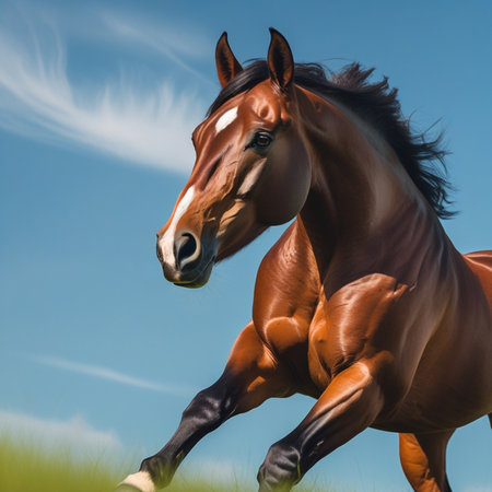 portrait of a bay horse on a background of blue sky with clouds