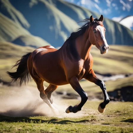 Beautiful horse galloping in the mountains on a sunny day.の写真素材