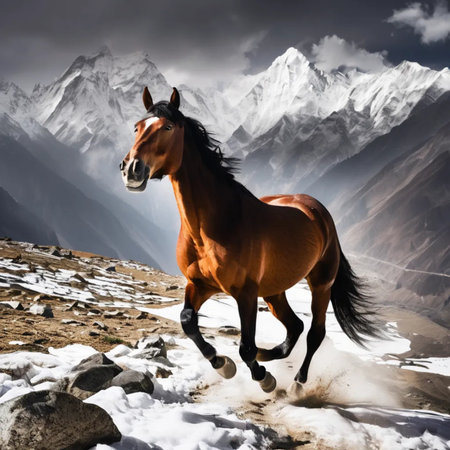 Horse in the mountains on a background of snow-capped peaksの写真素材