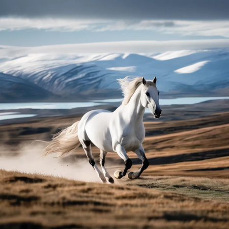 Beautiful white horse galloping on a meadow in Iceland.の写真素材