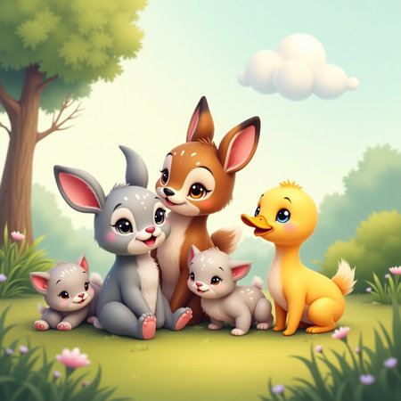 3d rendered illustration of group of cute little animals in the forestの写真素材