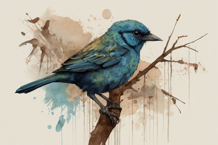 Watercolor illustration of a blue bird sitting on a tree branch.の写真素材