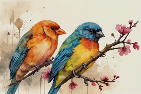 Watercolor painting of two birds sitting on a branch with blossomの写真素材