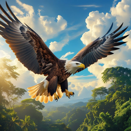 Bald Eagle flying in the blue sky. 3d illustration.