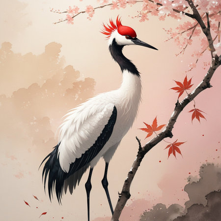 Crowned crane in Japanese style. Watercolor painting. Vector illustration.の写真素材