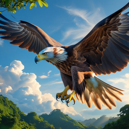 Bald Eagle flying in the blue sky. 3D Renderingの写真素材