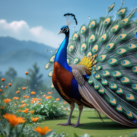 Beautiful peacock with colorful feathers on the green grass background.の写真素材