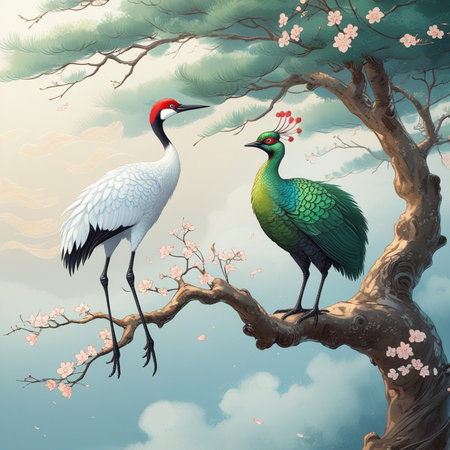 Two cranes on a branch in the forest. Vector illustration.の写真素材