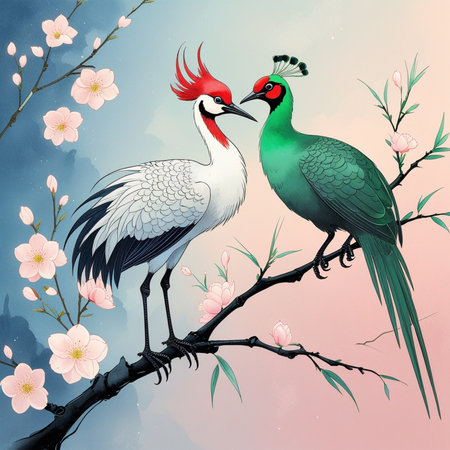 Couple of birds on a branch with flowers. Watercolor illustrationの写真素材