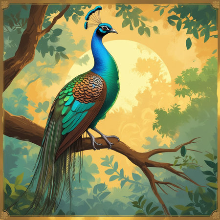 Peacock on a tree branch. Vintage style. Vector illustration.