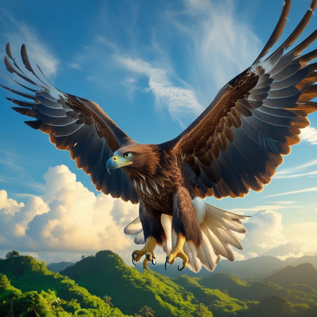 eagle flying in the blue sky. 3d render of an eagle with wings spreadの写真素材