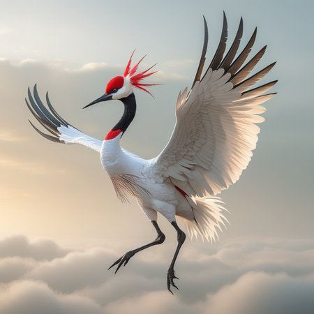 3d rendering of a red-crowned crane in the skyの写真素材