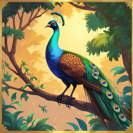 Peacock on a branch in the jungle. Colorful vector illustration.の写真素材