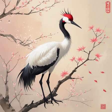 Chinese New Year greeting card template. Red-crowned crane.の写真素材