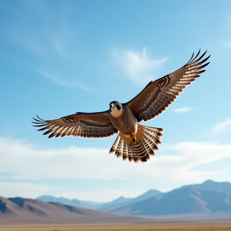 Peregrine falcon in flight against the background of mountains
