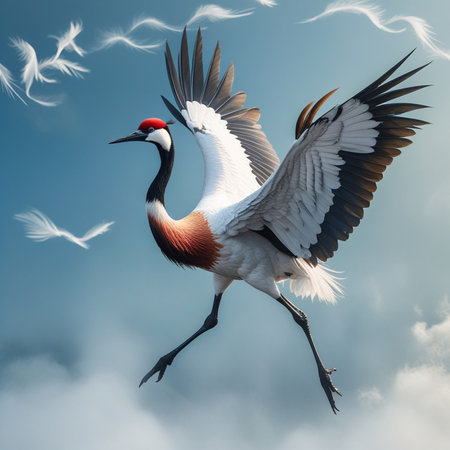 3D rendering of a Red-crowned crane in the skyの写真素材