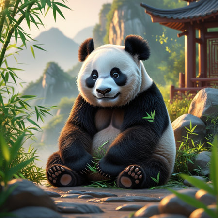 Panda bear sitting on the ground with bamboo and mountains in backgroundの写真素材