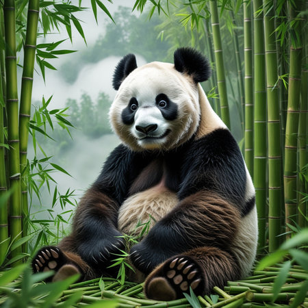 Giant panda sitting in bamboo forest,3d illustration.の写真素材