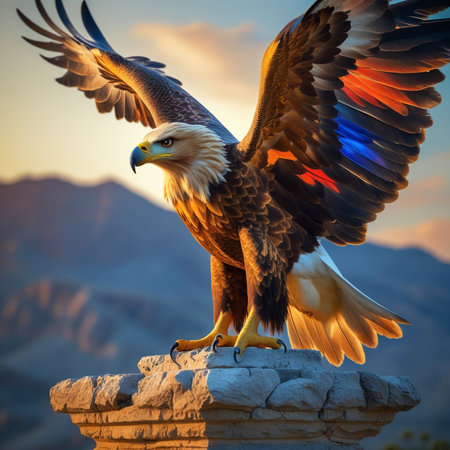 Bald Eagle on the top of a rock at sunset.の写真素材