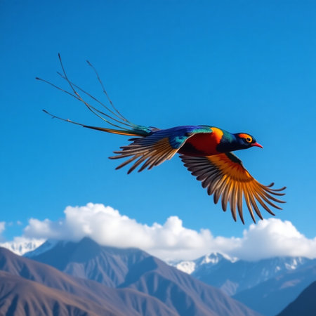 Colorful male pheasant flying in the blue sky with mountains in the backgroundの写真素材