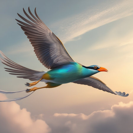 3d rendering of a colorful bird in the sky with beautiful cloudsの写真素材