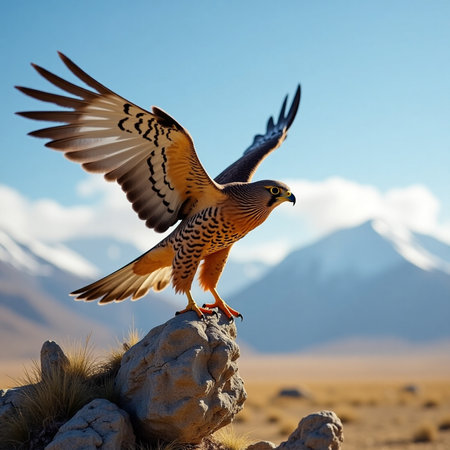 Kestrel in flight against the background of the mountains and the blue skyの写真素材