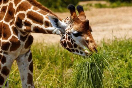 Giraffe eating grass, close-up.の写真素材