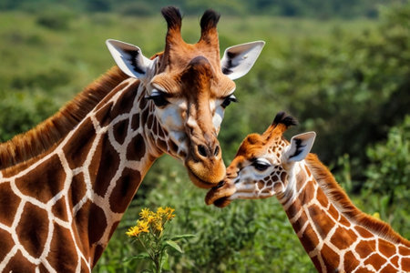 Giraffe mother and baby in Chobe National Park, Botswana, Africaの写真素材