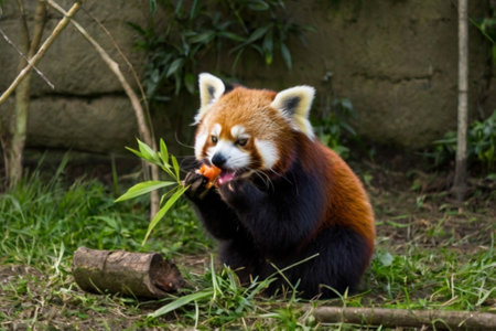Red Panda (Ailurus fulgens) eating a carrotの写真素材