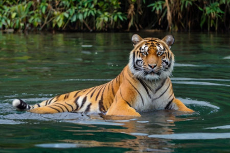 Tiger swimming in the water. (Panthera tigris altaica)の写真素材