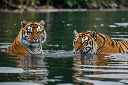 Two Sumatran tigers are playing in the water. Tiger in natural habitat.の写真素材