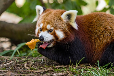 Red panda eating a piece of bread in a zoo, close up